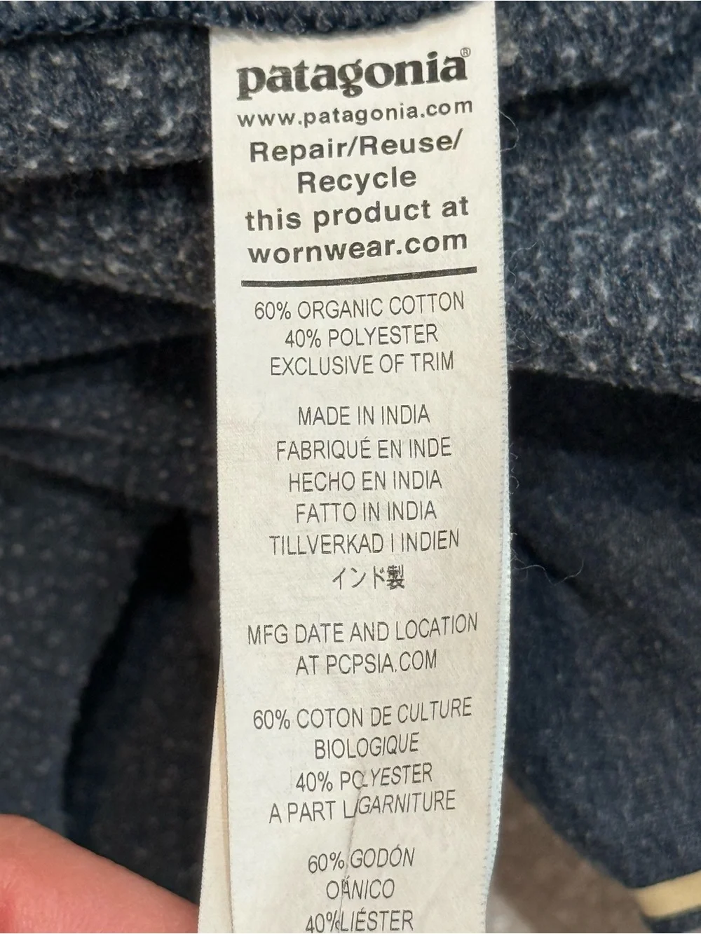 Patagonia Dark Navy Crewneck with Tan Logo and Sleeve Script